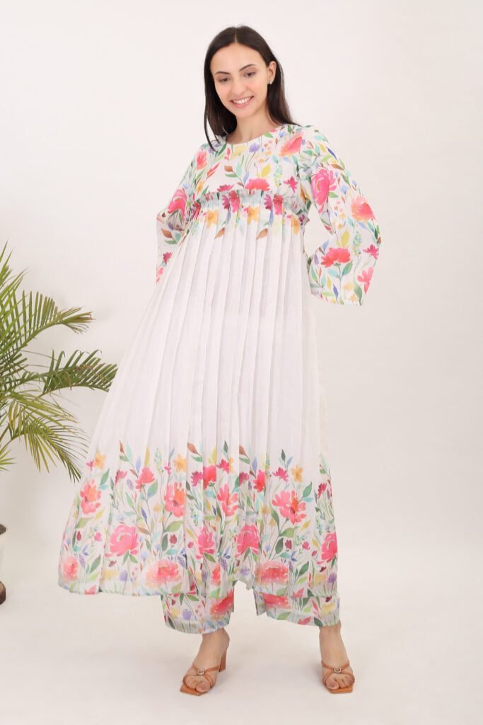 women linen printed kurta set