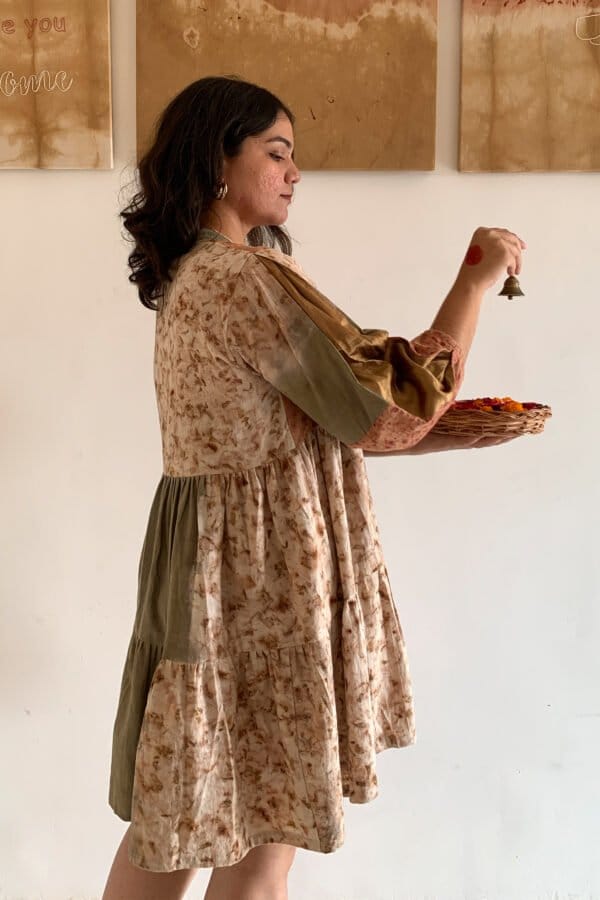 Bageeya “Mistletoe” Natural Dyed Khadi Organic Cotton Tiered Dress | Crafted with Harda, Marigold, and Manjishta and detailed with Gold zari - Image 3