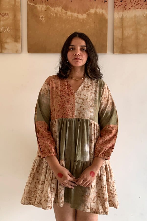 Bageeya “Mistletoe” Natural Dyed Khadi Organic Cotton Tiered Dress | Crafted with Harda, Marigold, and Manjishta and detailed with Gold zari