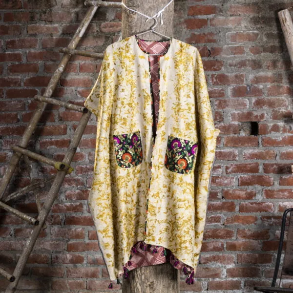 Bageeya "Sursli Sundri" Reversible Khadi Tussar cotton Pasban Jacket | Crafted with Marigold and Block Print detailed with Brocade pockets