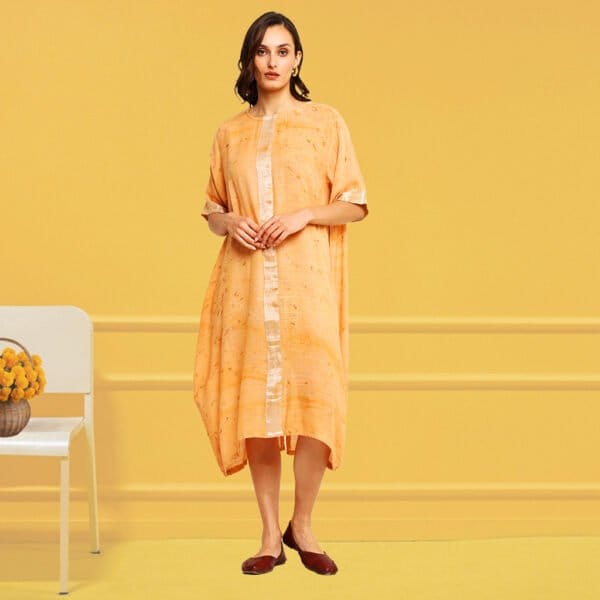 Bageeya "Aamrapali" Handwoven slub cotton Dress | Crafted with Sacred Temple Marigolds, and manjishta| Detailed with Zari border - Image 4