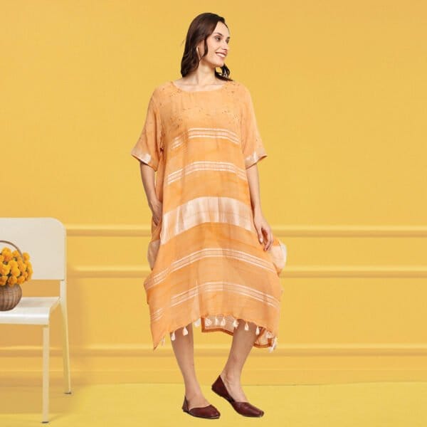 Bageeya "TESU" Handwoven slub cotton Cowl Dress | Crafted with Marigold and Manjishta| Detailed with Zari weave - Image 3