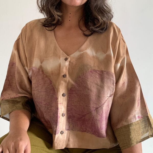 Bageeya “Akaar” Natural Dyed Handwoven Mashru Crop Shirt | Crafted with Catechu and Khakhra leave infused with lac and detailed with Gold Zari cuff - Image 4