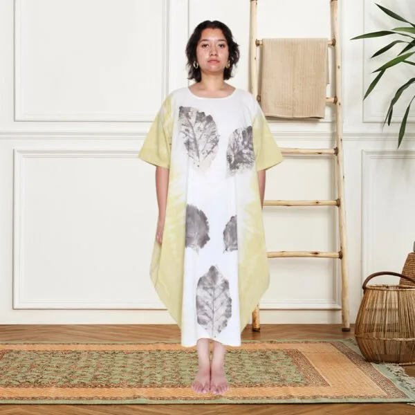 Bageeya "Haldi hues" Cambric Organic cotton Cowl Dress | Crafted with Sacred Temple Khakhra leaves, and Haldi