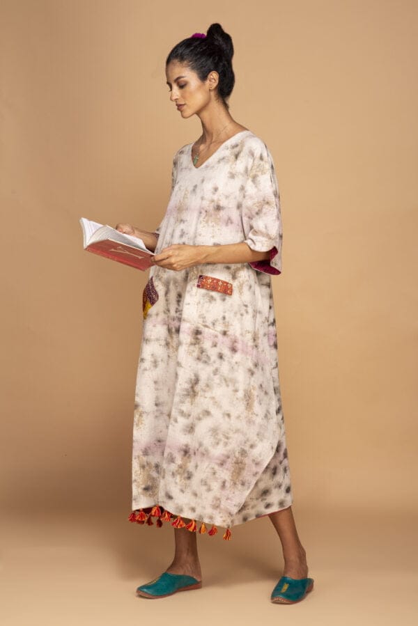 Bageeya “Surmai Gulabi” Natural Dyed Handcrafted Handwoven Organic Cotton Cowl Dress| Crafted with Sacred Temple roses - Image 2