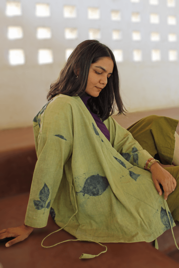 Bageeya "Tulsi Tarang" Khadi Organic cotton Kimono Wrap | Crafted with Harda, Beel patra and Indigo - Image 3