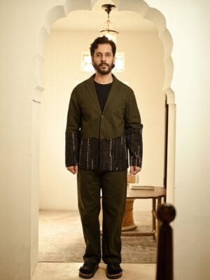 Upcycled Handwoven Ying Yang Blazer Set - Green