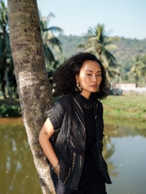 Handwoven Berlin Shawl Collar Top - Black Green