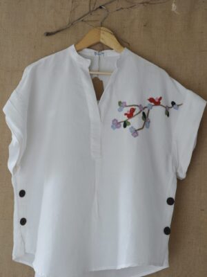 Freesize White Serene Stich Linen Shirt