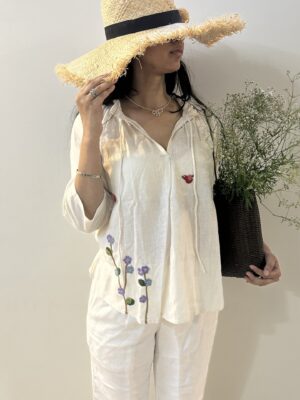 White Serene Stich Linen Top