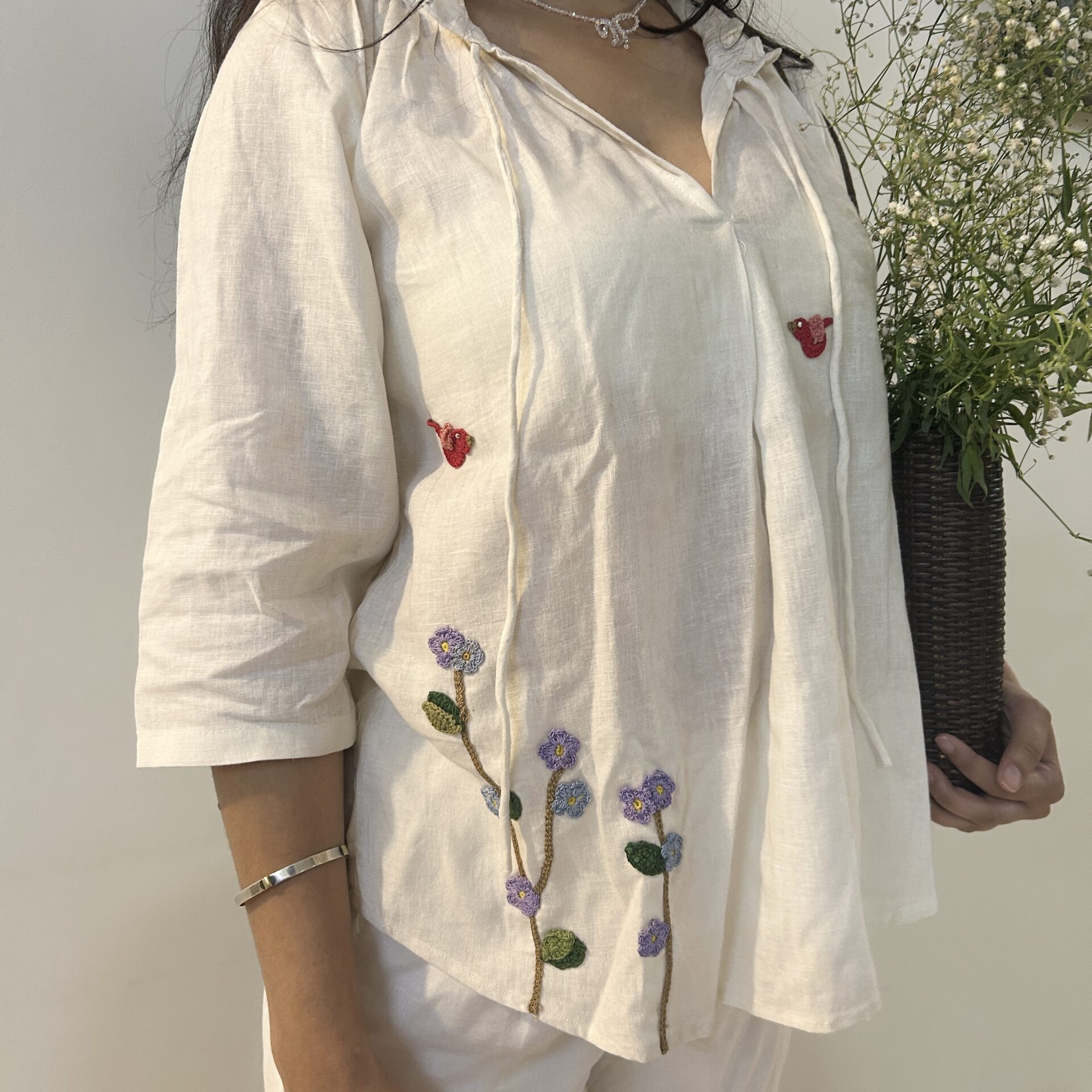 White Serene Stich Linen Top - Image 3