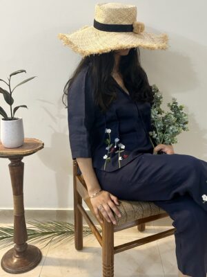 Indigo Serene Stich Linen Top & Trouser Set