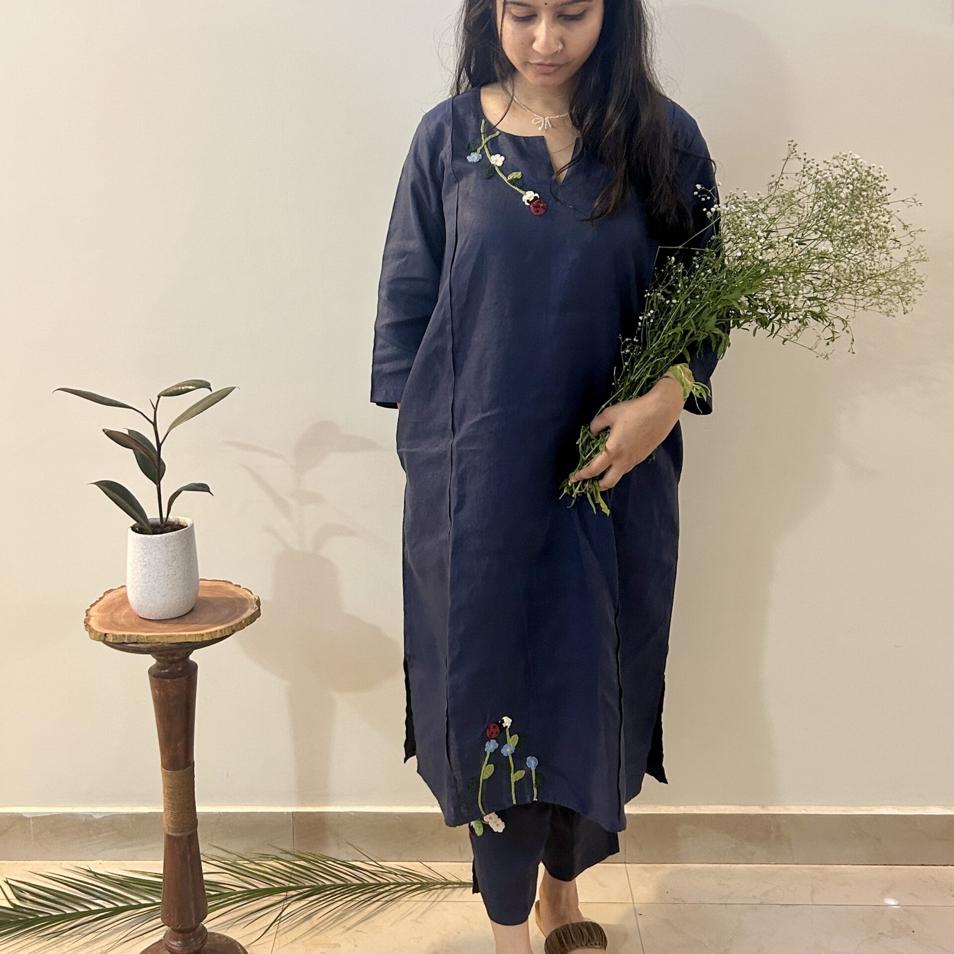 Indigo Bloom Linen Set of Dress & Trouser - Image 2