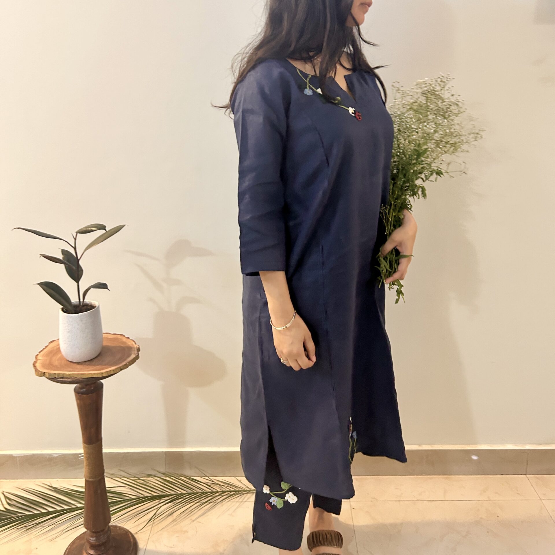 Indigo Bloom Linen Set of Dress & Trouser - Image 3