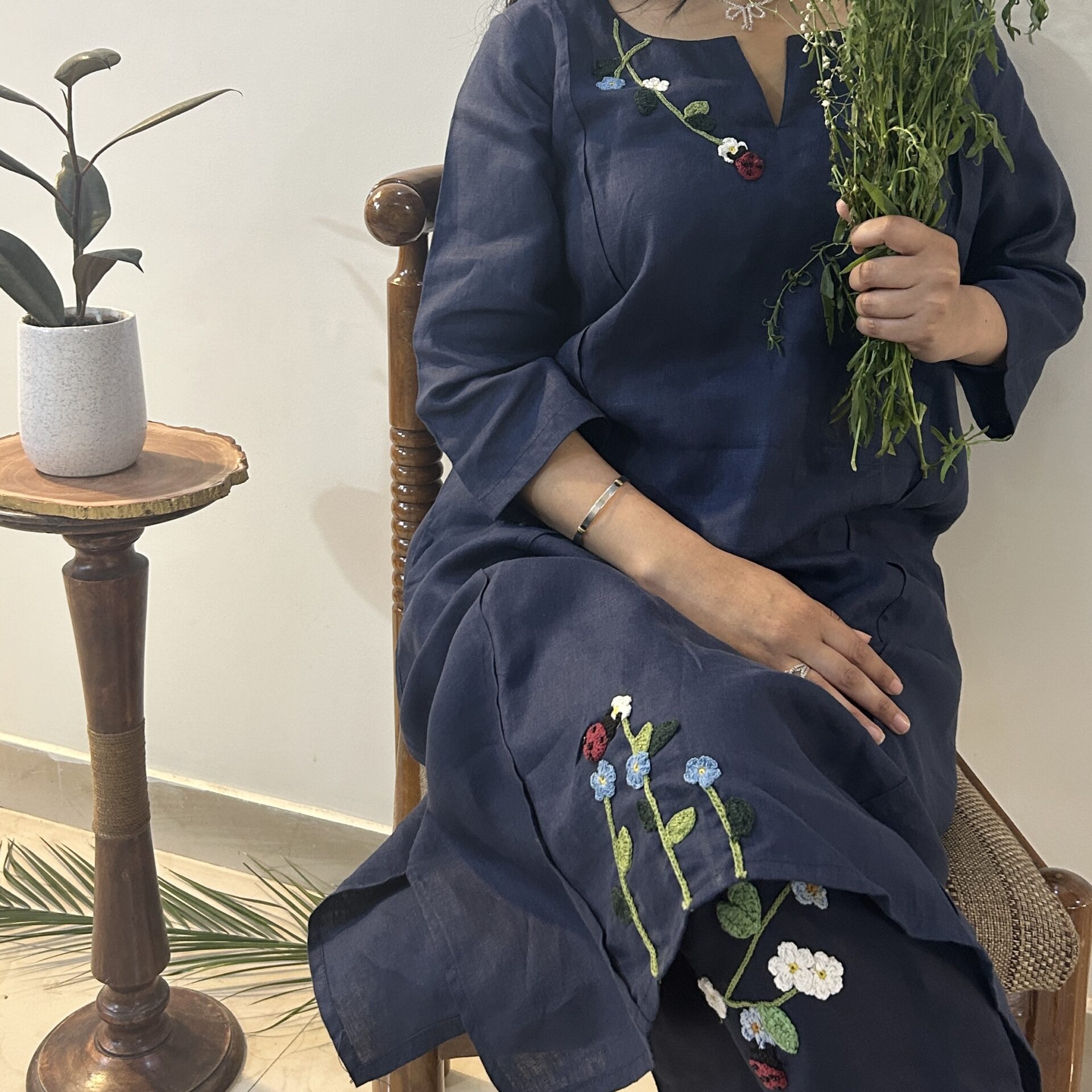 Indigo Bloom Linen Set of Dress & Trouser - Image 4