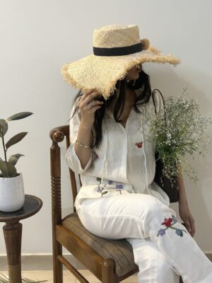 White Serene Stich Linen Top & Trouser Set