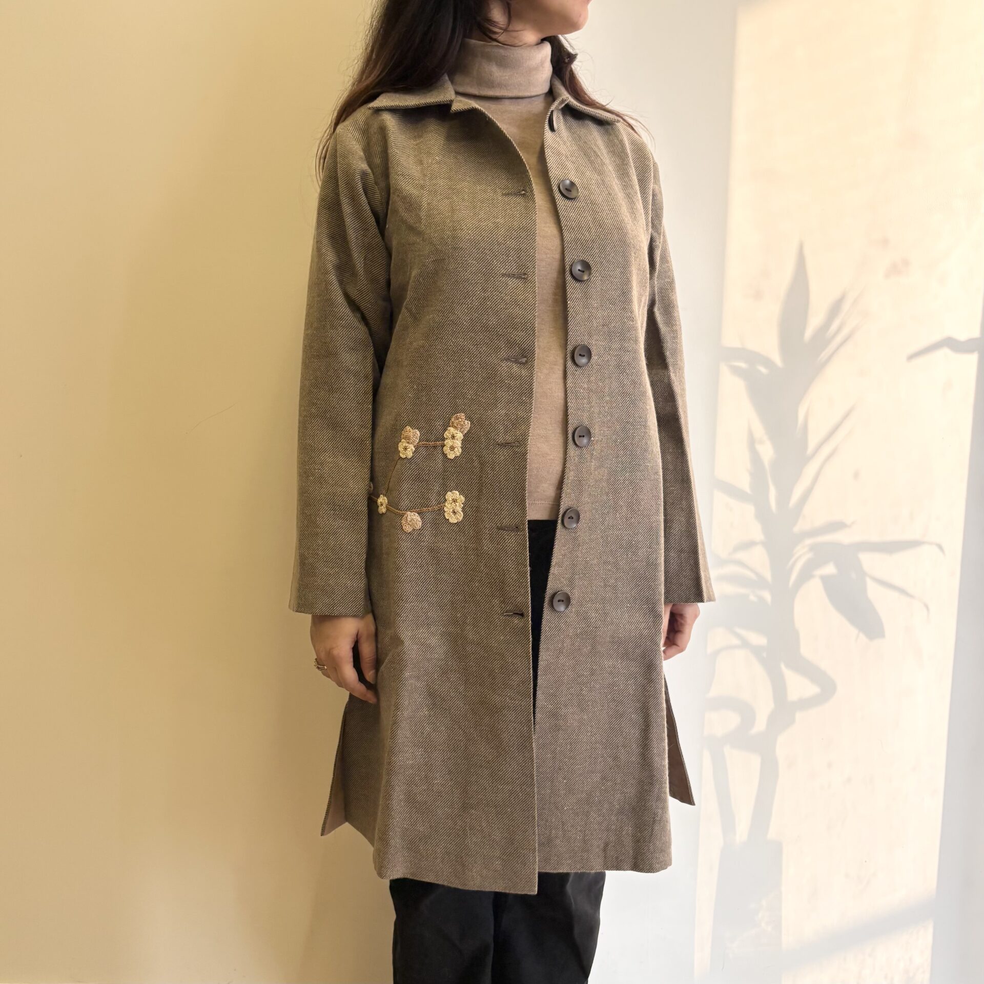 Beige Striped Straight Fit Woollen Jacket