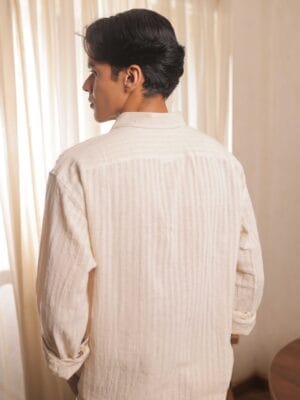 Ivory Stride – Off-White Handwoven Khadi Cotton Shirt with Subtle Stripe Weave