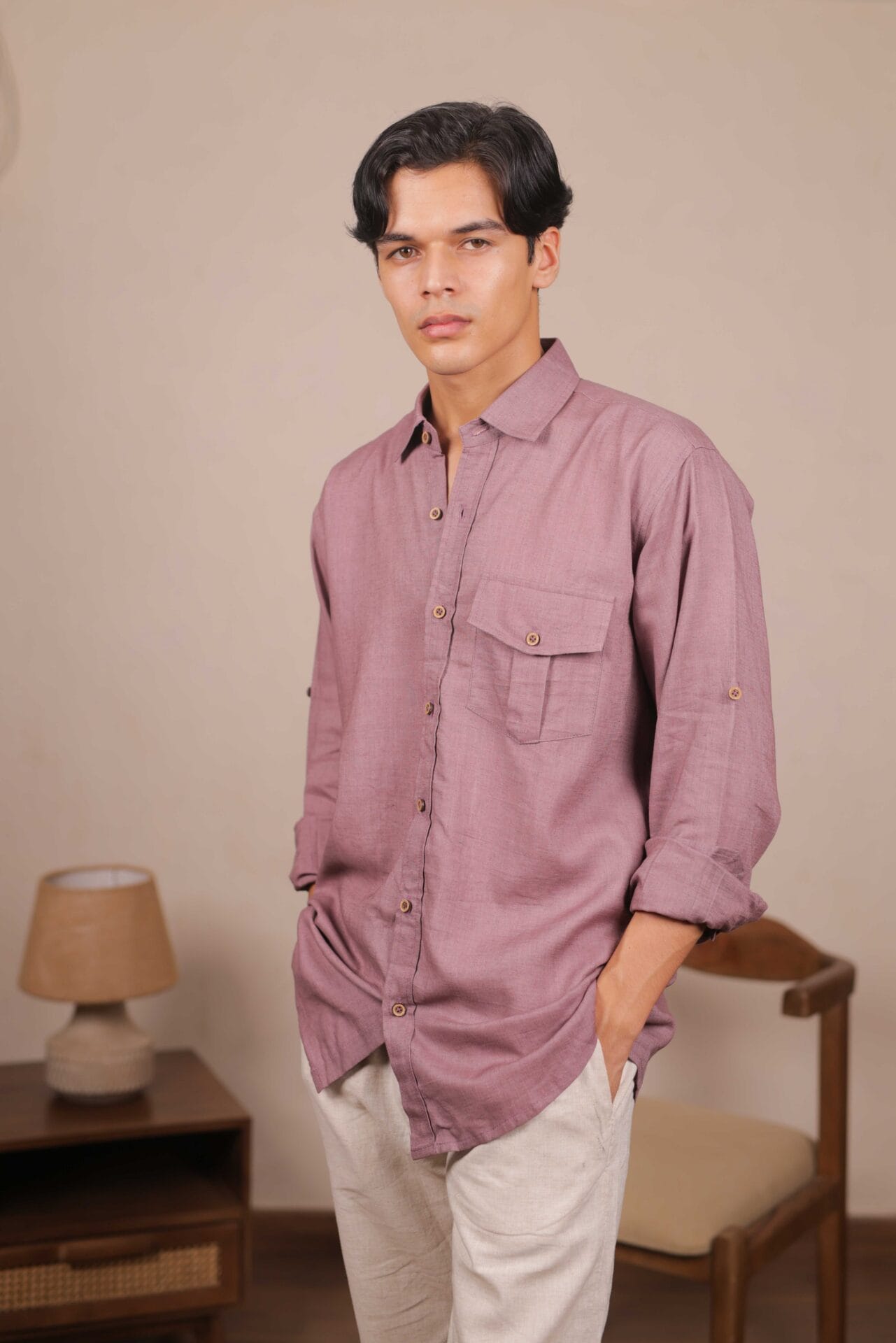 Twilight Thread, Purple Handwoven Linen-Cotton Shirt for Men - Image 4
