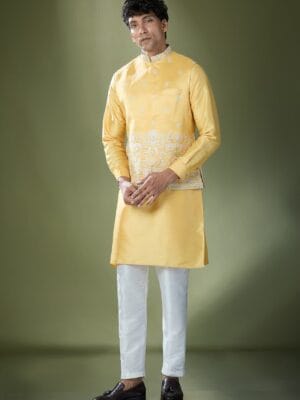Yellow Embroidered Kurta-Jacket Set
