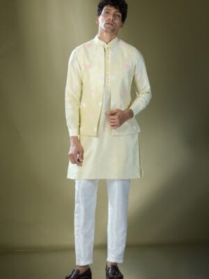 Parrot Green Embroidered Kurta-Jacket Set