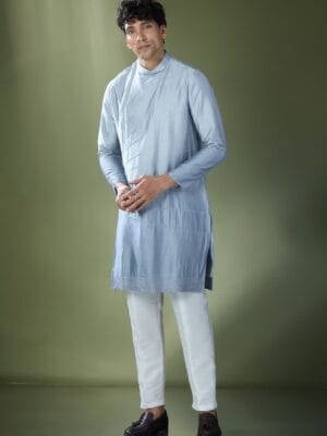 Powder Blue Ombre High-Neck Embroidered Kurta Set