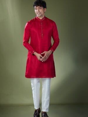 Cherry Red Mirror Embroidered Kurta Set