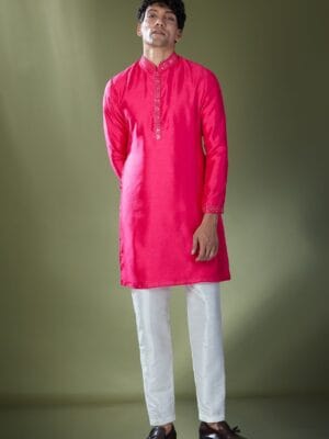 Fuscia Mirror Embroidered Kurta Set