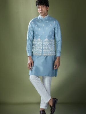 Blue Embroidered Kurta-Jacket Set
