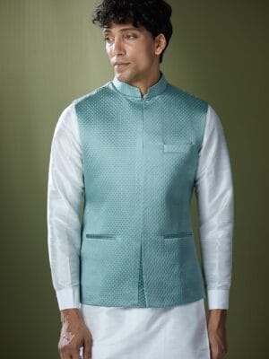 Teal Blue Quilted Kurta-Jacket Set