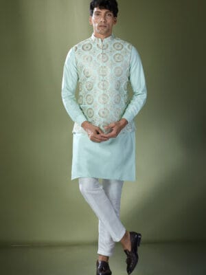 Sea Green Embroidered Kurta-Jacket Set