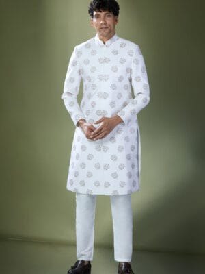 Off White Embroidered Achkan Set
