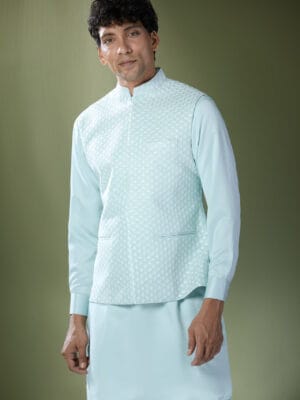 Aqua Blue Embroidered Kurta-Jacket Set