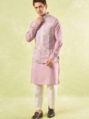 Mauve Embroidered Kurta-Bundi Set
