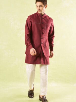 Maroon Running Stitch Kurta-Bundi Set