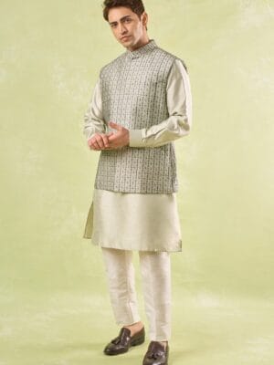 Beige Embroidered Kurta-Bundi Set