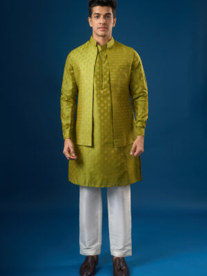 Olive Green Brocade Kurta-Bundi Set