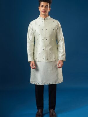 Sage Green Mirror Embroidered Kurta-Bundi Set