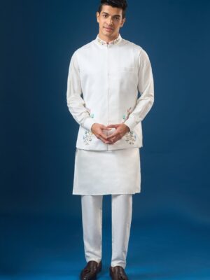 Off White Embroidered Kurta-Bundi Set