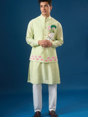 Pista Green Embroidered Kurta-Bundi Set