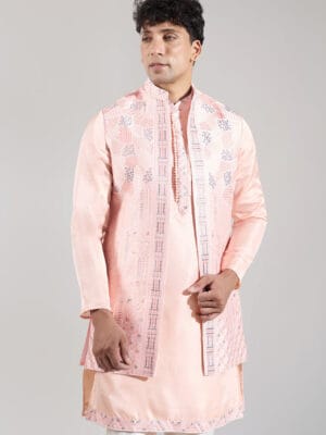 Peach Embroidered Kurta-Jacket Set