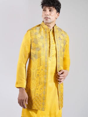 Yellow Embroidered Kurta-Jacket Set
