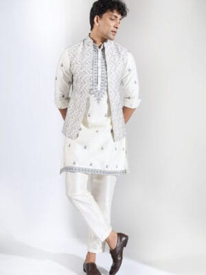Off White Embroidered Kurta-Jacket Set