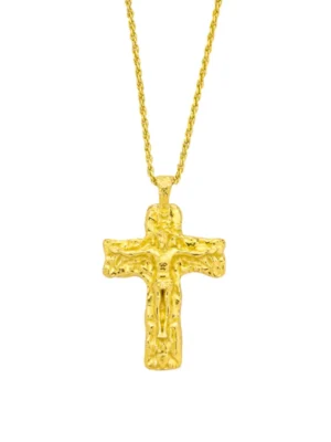 Dainty gold cross necklace with 22KT real gold plating on premium brass alloy – textured cross pendant, elegant everyday jewelry