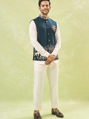 Bottle Green Embroidered Nehru Jacket