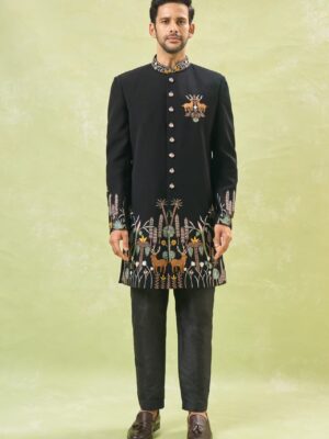Black Wildlife Embroidered Achkan Set