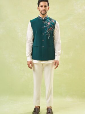 Teal Green Embroidered Nehru Jacket