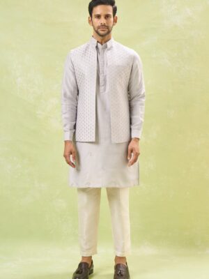 Grey Embroidered Kurta-Jacket Set