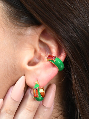 Garnet Forest Ear Cuff (Single Piece) - Green Enamel with 22KT Gold Plating on 925 Sterling Silver | Elegant Nature-Inspired Jewelry for Women