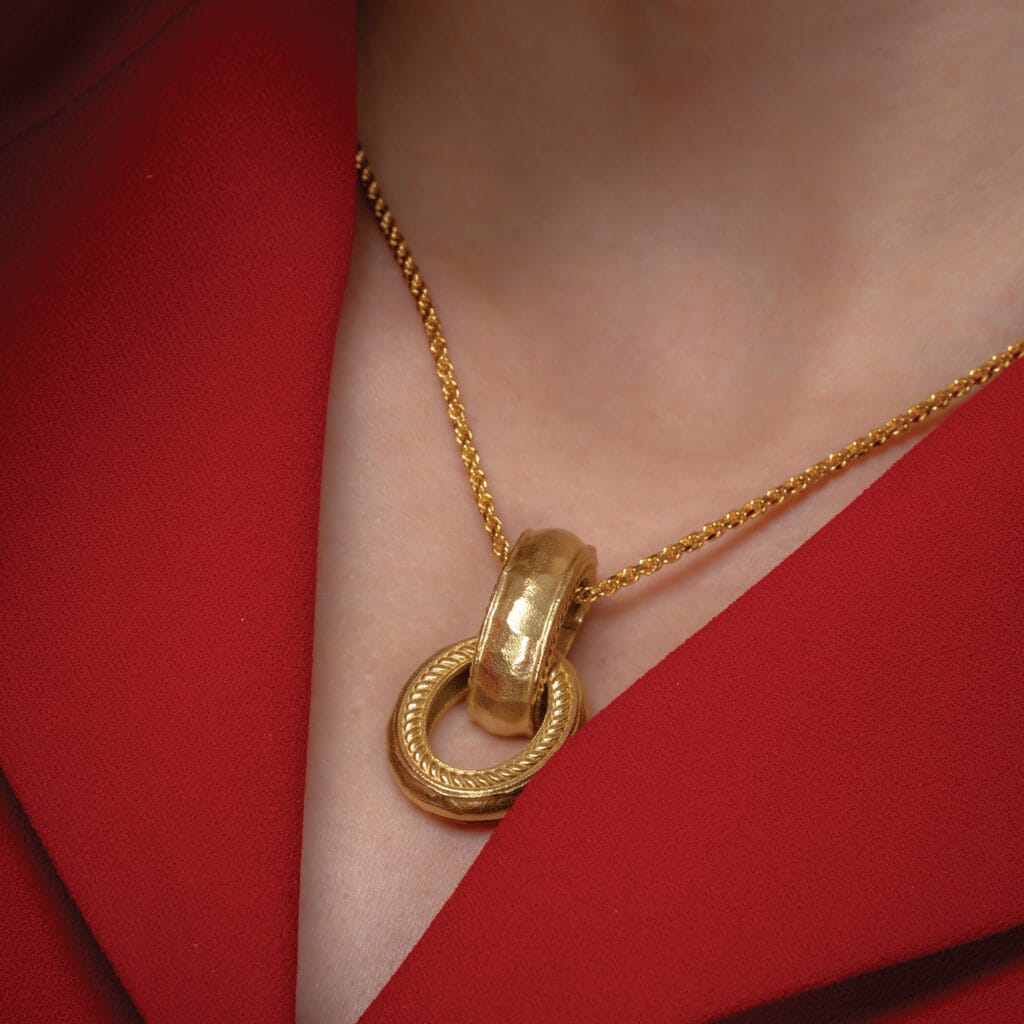 Twisted Rope Interloop Pendant Necklace, Twist Loop Ring Design, Handmade 22KT Real Gold Plated Brass Alloy Jewelry for Men and Women